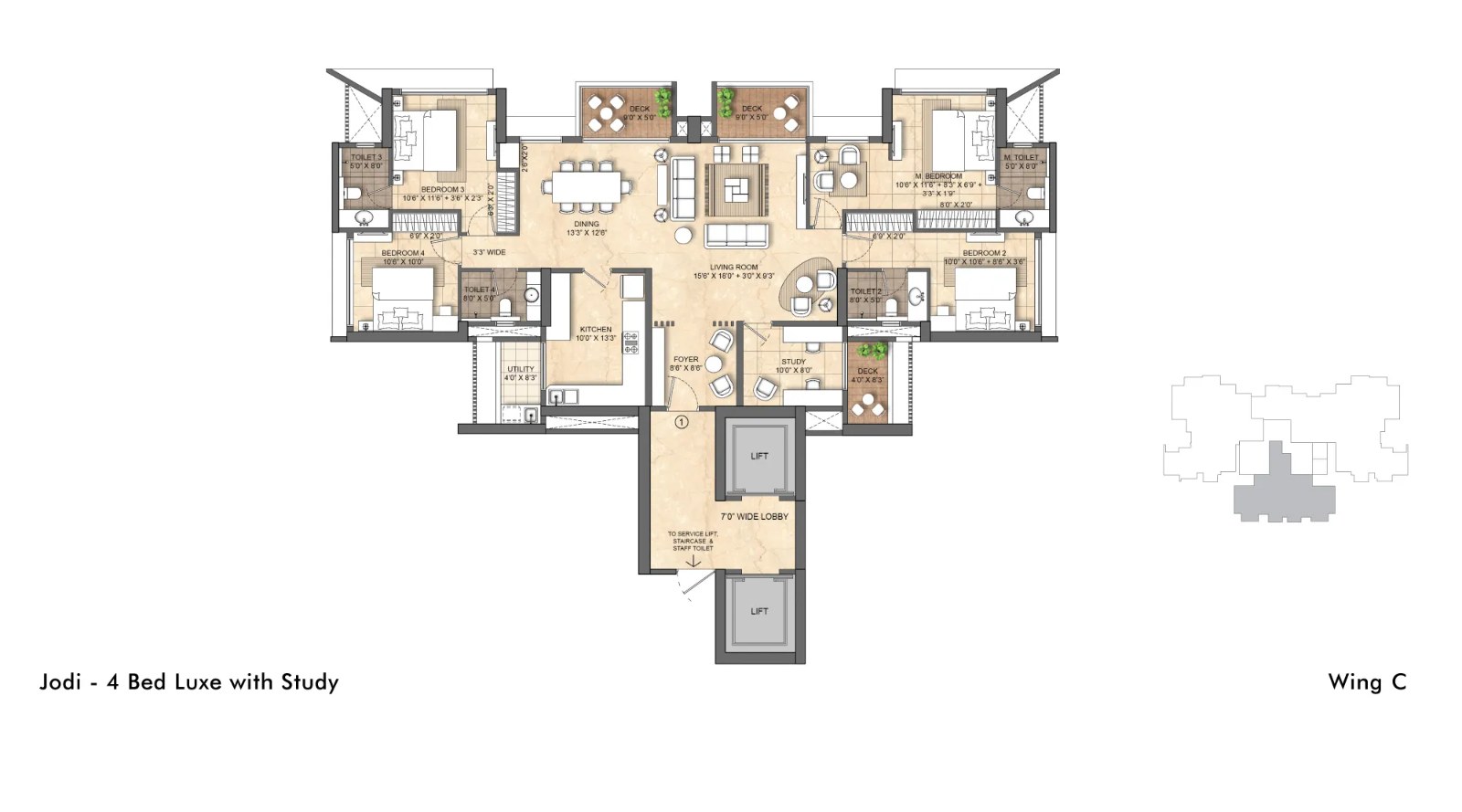 Lodha Bellevue — 4 BHK floor plan, 1640 carpet area