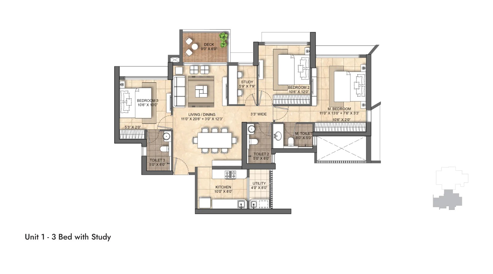 Lodha Bellevue — 3 BHK floor plan, 1111 carpet area
