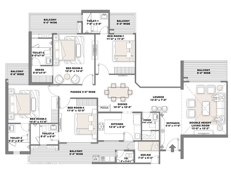 Rustomjee Ashiana — 4 BHK floor plan, 1954 carpet area