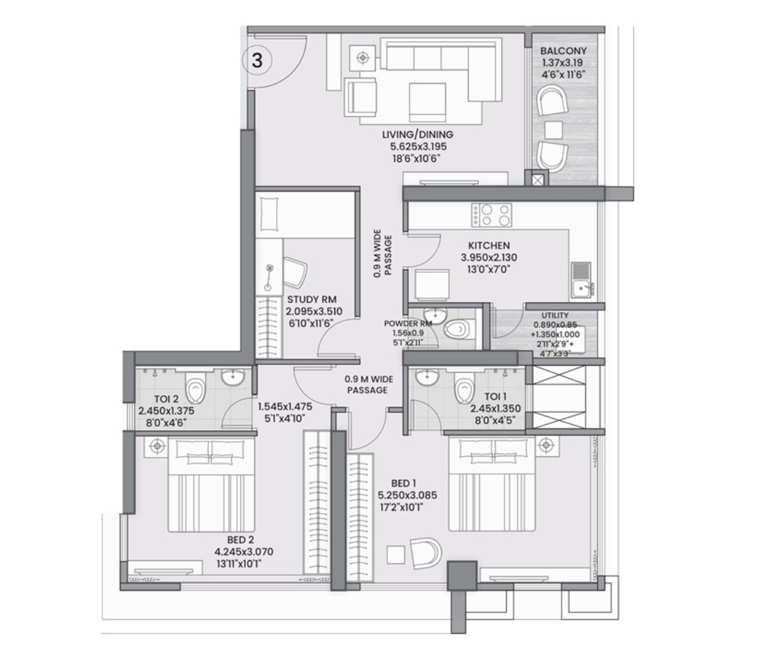 Excel Bellissima — 3 BHK floor plan, 980 carpet area