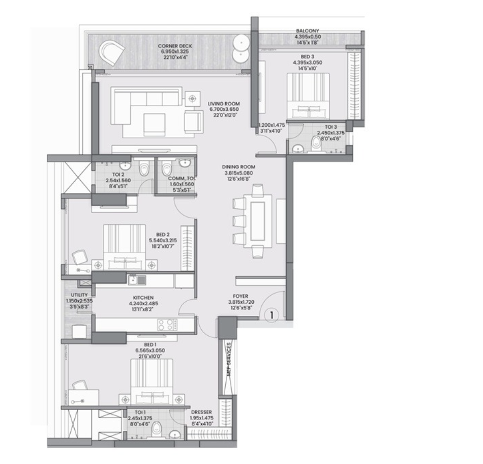 Excel Bellissima — 3 BHK floor plan, 1634 carpet area