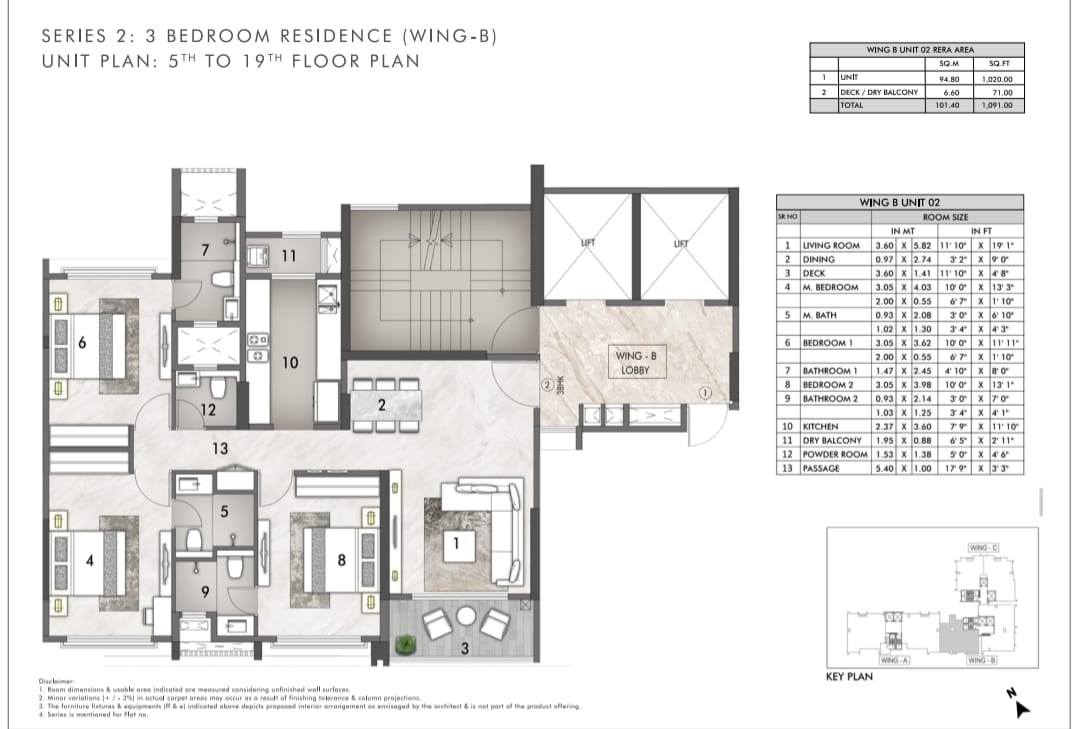 Rustomjee Prive — 2 BHK floor plan, 1091 carpet area